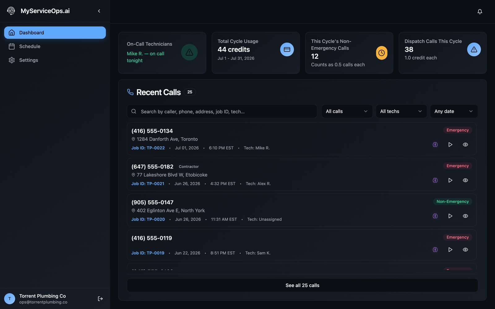 MSO operations dashboard — the overnight job record with caller, address, job ID, and assigned tech